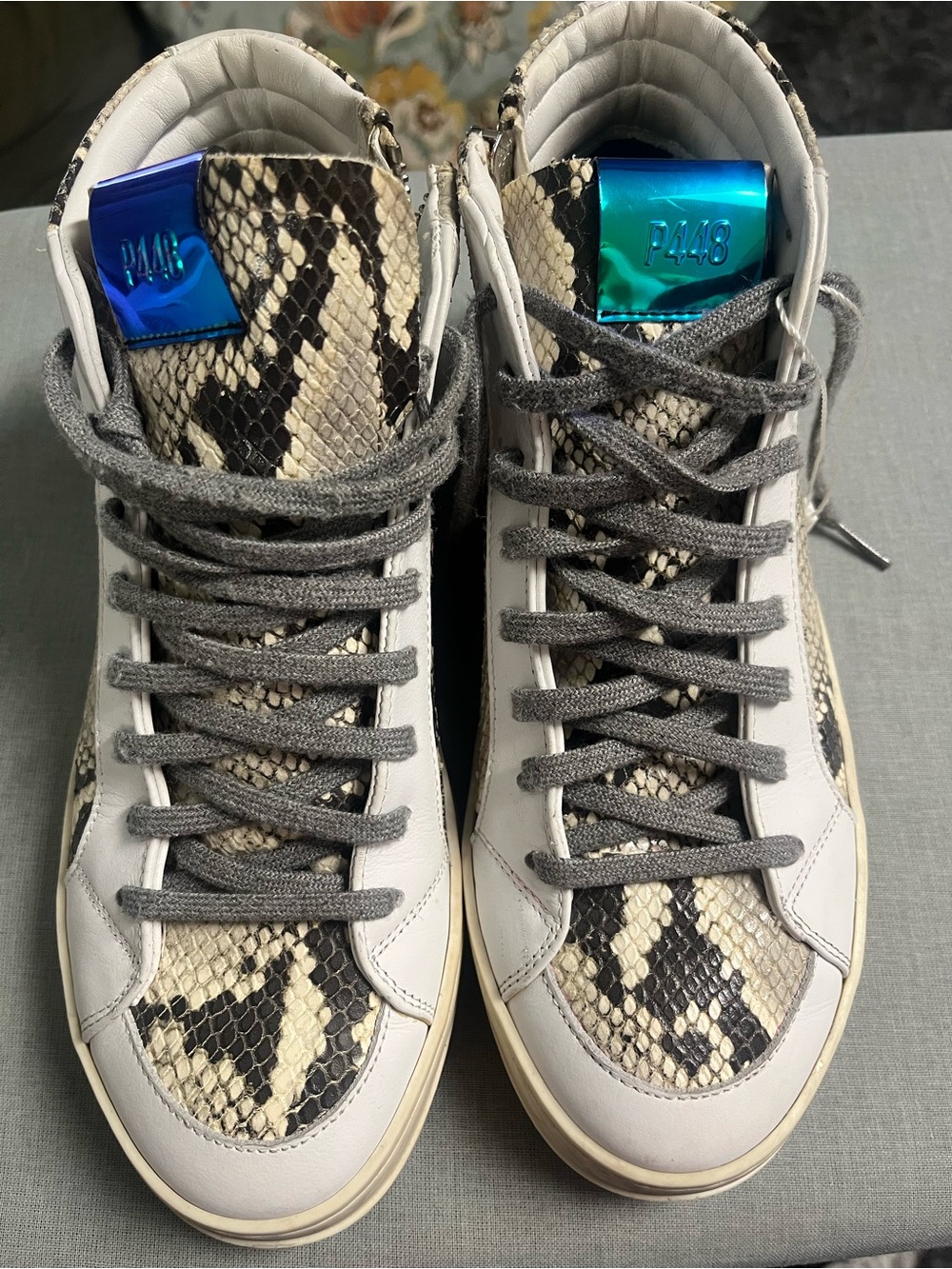 P448 High-Top Sneakers with Snake-Print and Iridescent Blue Tongue